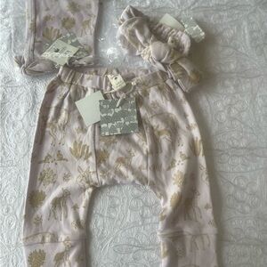 NWT Kate Quinn Pink and Mustard Gold Deer & Squirrel Print 3 PC Set 12-18m